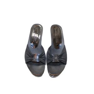 Donald J Pliner Wedge Sandals Womens Black Patent Good Spain Fabric Bow Slide